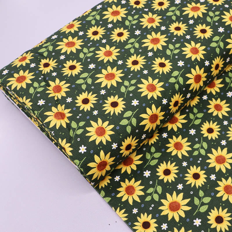 Green Floral Needlecord Fabric - yellow sunflowers