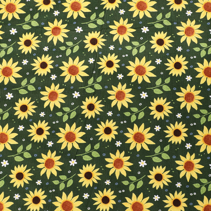 Green Floral Needlecord Fabric - yellow sunflowers