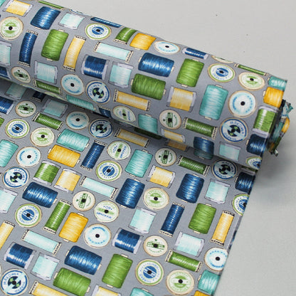 Grey Sewing Themed Thread Print Cotton Fabric