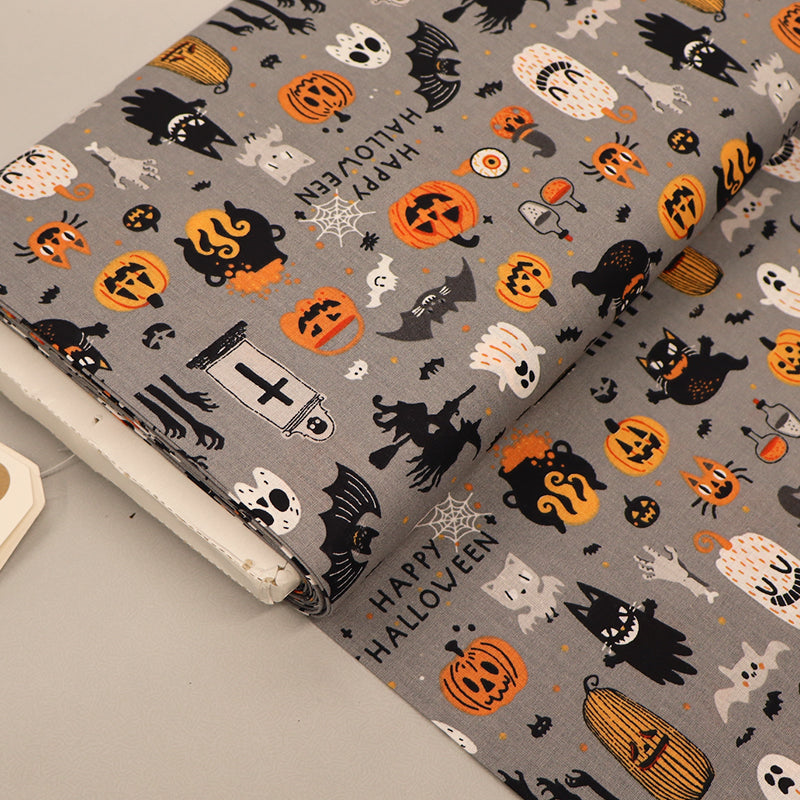 100% Cotton Grey Halloween Fabric - Ghost, Witches and Cats