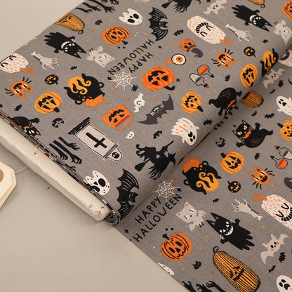 100% Cotton Grey Halloween Fabric - Ghost, Witches and Cats