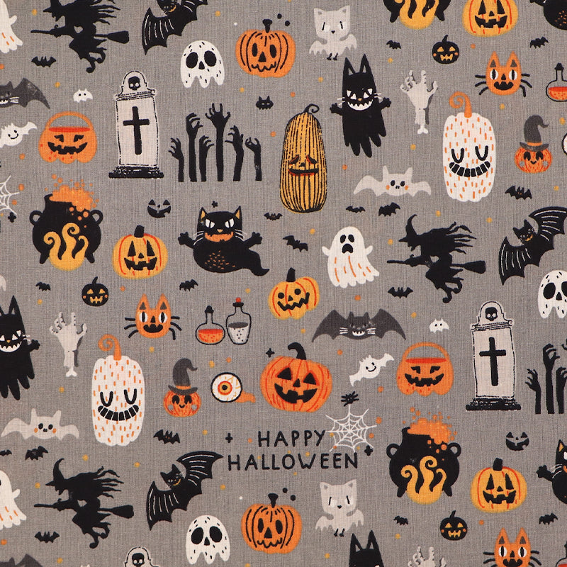 100% Cotton Grey Halloween Fabric - Ghost, Witches and Cats