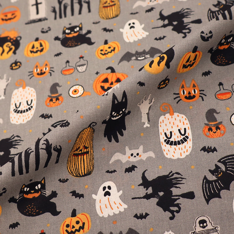 100% Cotton Grey Halloween Fabric - Ghost, Witches and Cats