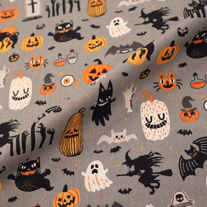 100% Cotton Grey Halloween Fabric - Ghost, Witches and Cats
