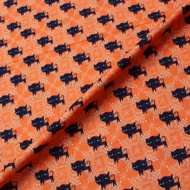 100% Cotton  Black Cat Orange Halloween Fabric