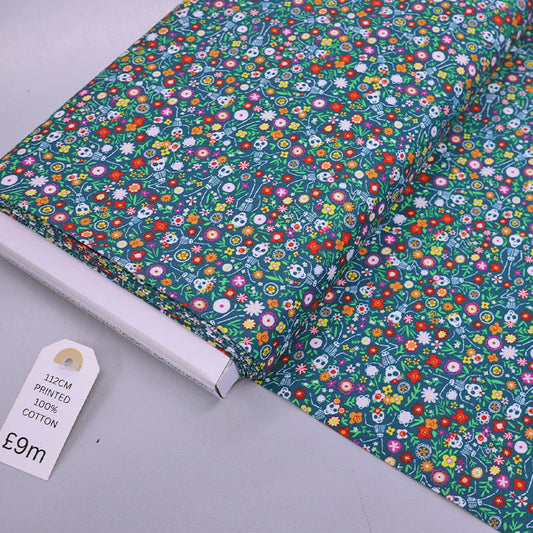 100% Cotton Floral Cotton Skeleton Print Fabric - Petrol