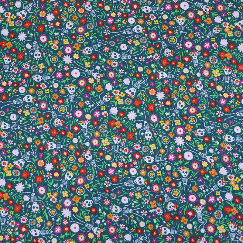100% Cotton Floral Cotton Skeleton Print Fabric - Petrol