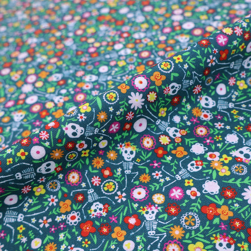 100% Cotton Floral Cotton Skeleton Print Fabric - Petrol