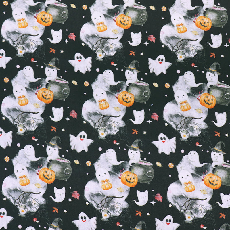 Halloween-themed fabric with ghosts, pumpkins, and cats on a black cotton background.