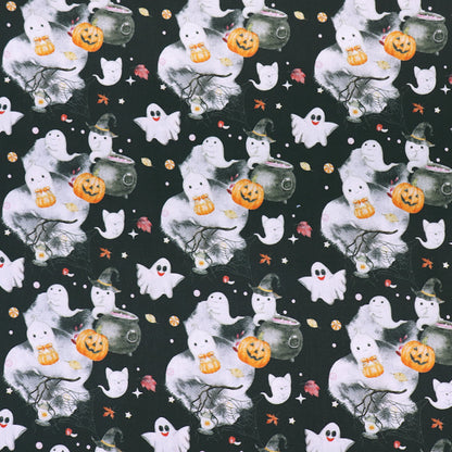 Halloween-themed fabric with ghosts, pumpkins, and cats on a black cotton background.