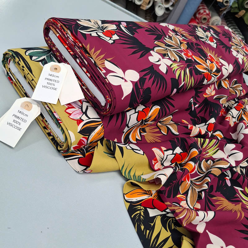 100% Viscose Tropical Floral Viscose Prints in Pinkish Purple and yellow 