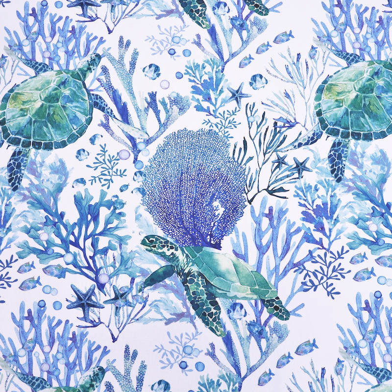 100% Cotton  Panama Fabric - Turtle Print in White blue and green
