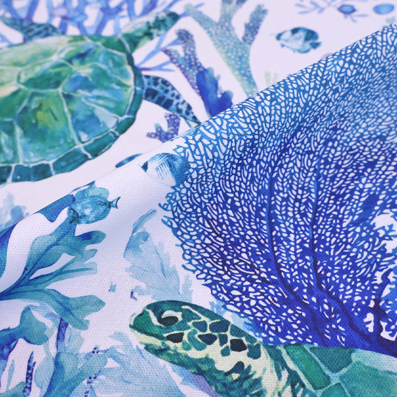 100% Cotton  Panama Fabric - Turtle Print in White blue and green