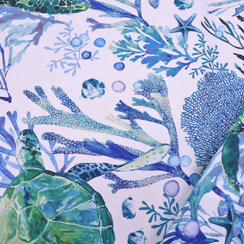 100% Cotton  Panama Fabric - Turtle Print in White blue and green