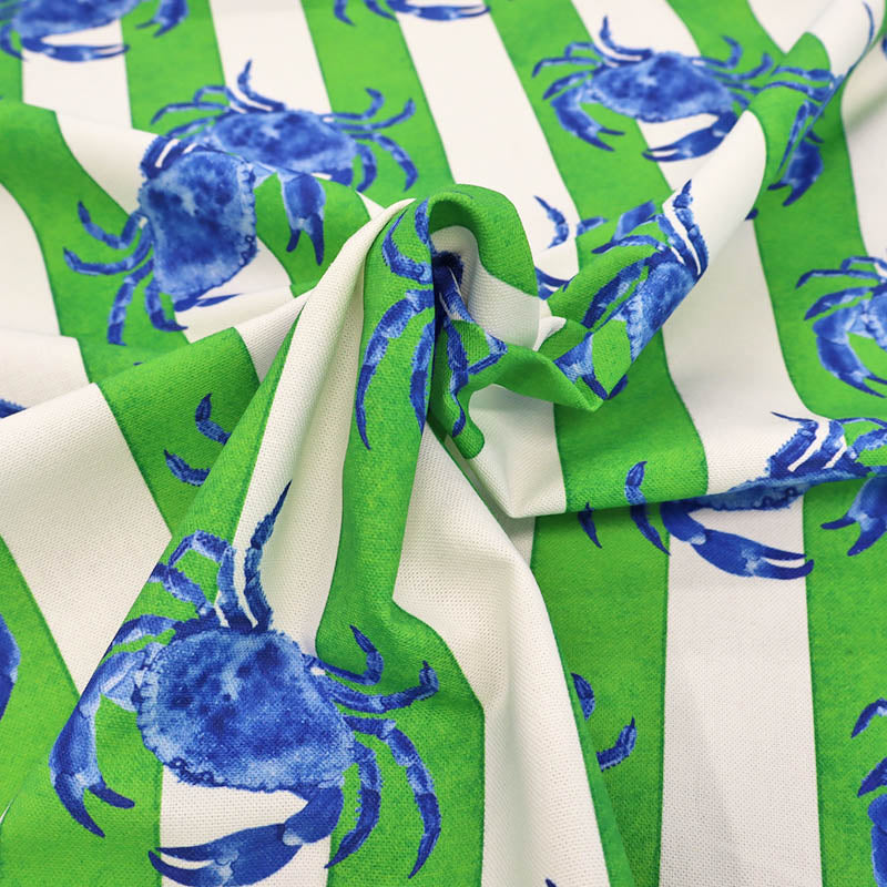 100% Cotton Green and White Stripe with Crabs Print Furnishing and Bag Fabric