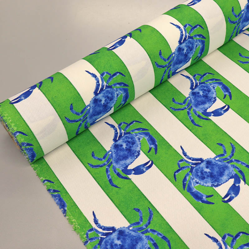 100% Cotton Green and White Stripe with Crabs Print Furnishing and Bag Fabric