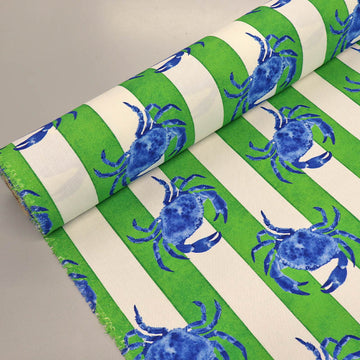 100% Cotton Green and White Stripe with Crabs Print Furnishing and Bag Fabric