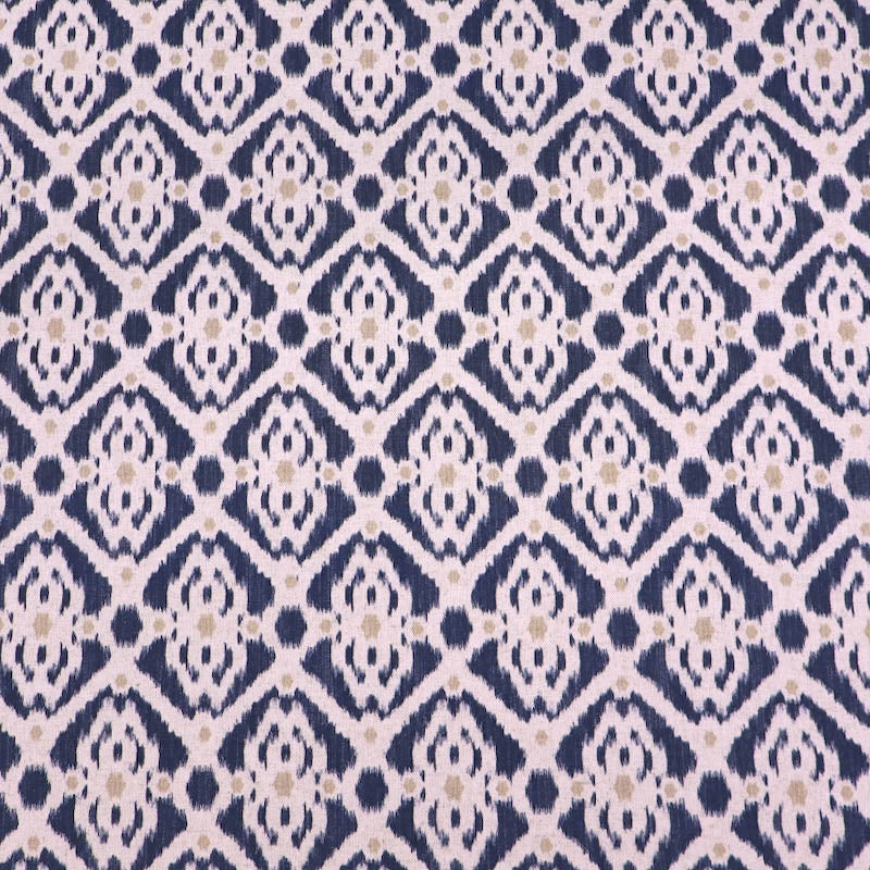 60% polyester, 32% cotton 8% linen
Navy Ikat Linen Mix Geometric Fabric