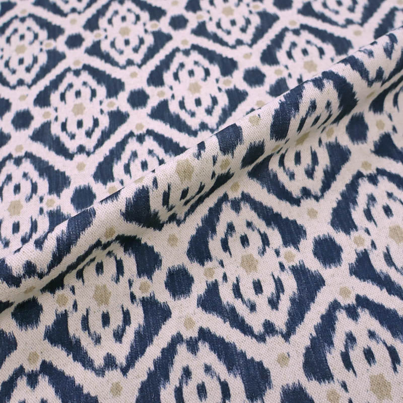 60% polyester, 32% cotton 8% linen
Navy Ikat Linen Mix Geometric Fabric