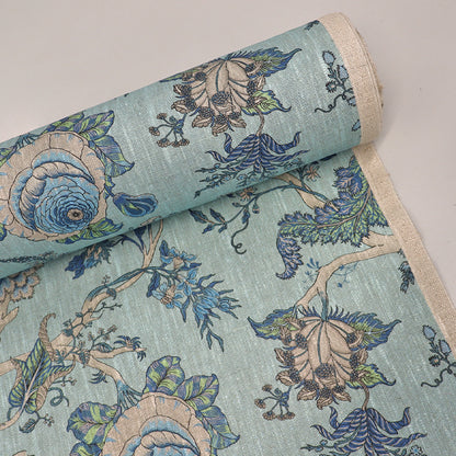 100% Linen  Arts and Crafts Blue Floral Furnishing Linen Fabric