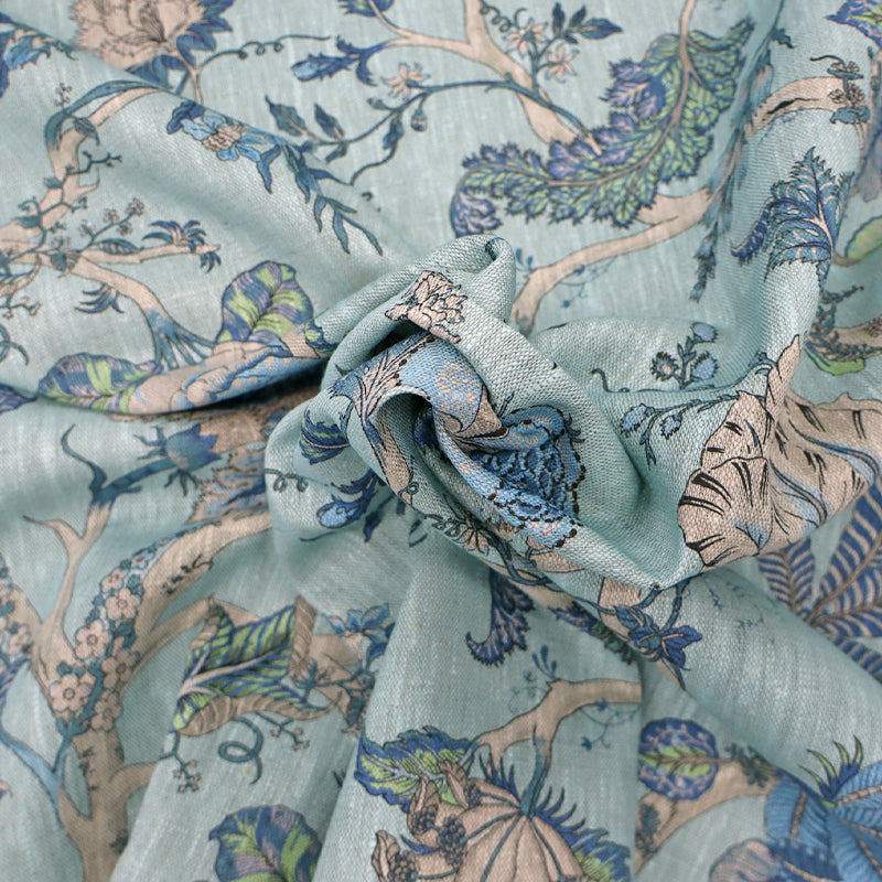 100% Linen  Arts and Crafts Blue Floral Furnishing Linen Fabric