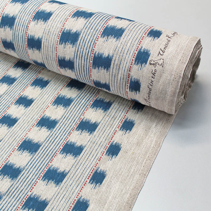 Blue and White with Red Ikat esque furnishing linen fabric 100% Linen  Ikat Type Blue and Red Linen Furnishing Fabric