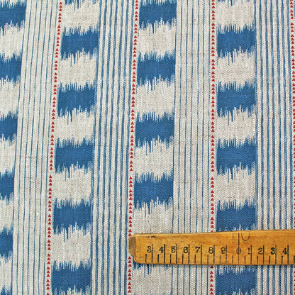 Blue and White with Red Ikat esque furnishing linen fabric