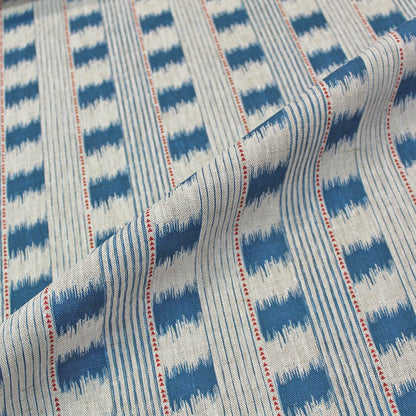 Blue and White with Red Ikat esque furnishing linen fabric