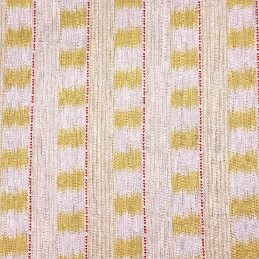 100% Linen Beige with Yellow and Red Ikat Type Design Linen Furnishing Fabric