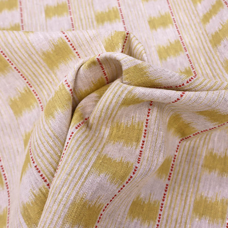 100% Linen Beige with Yellow and Red Ikat Type Design Linen Furnishing Fabric