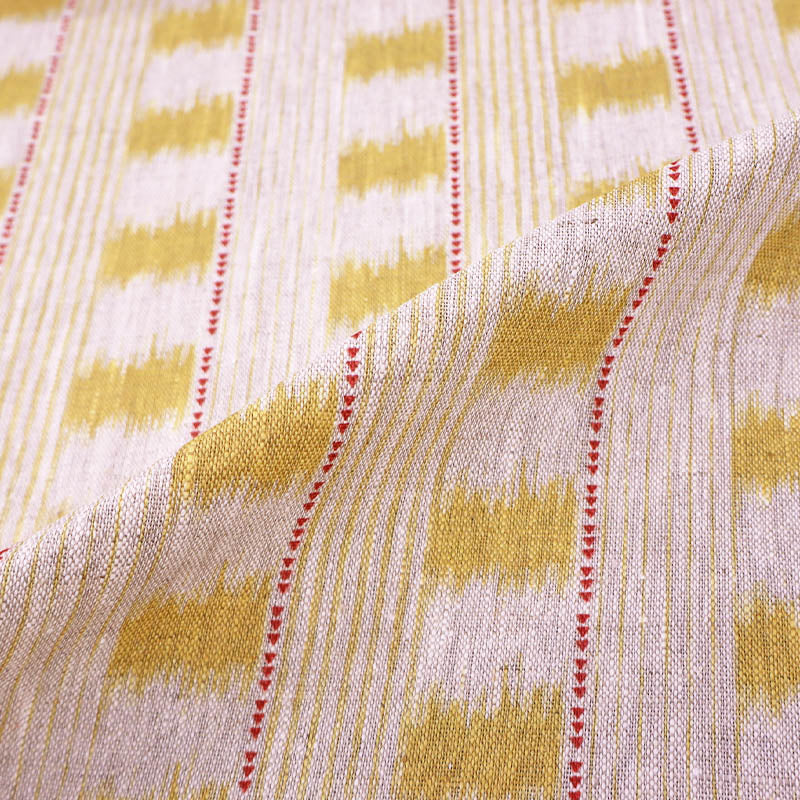 100% Linen Beige with Yellow and Red Ikat Type Design Linen Furnishing Fabric