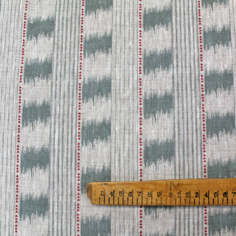 100% Linen  Sage Green and Red Ikat Type Linen Furnishing Fabric