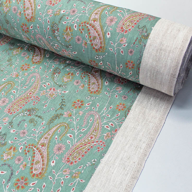 Green paisley linen furnishing fabric