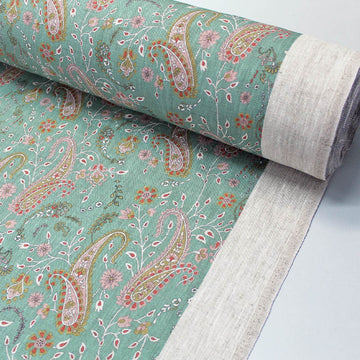 Green paisley linen furnishing fabric