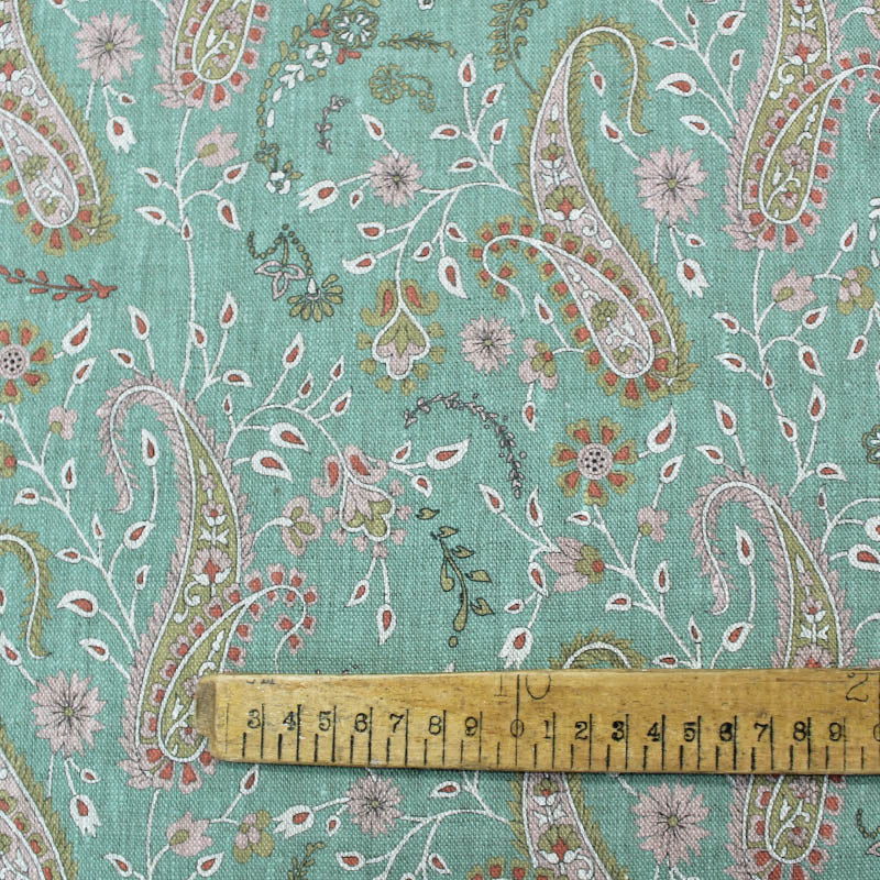 Green paisley linen furnishing fabric