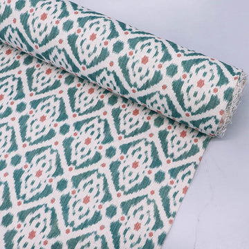 85% Cotton 15% Linen Green and White Geometric Ikat Print Furnishing Fabric