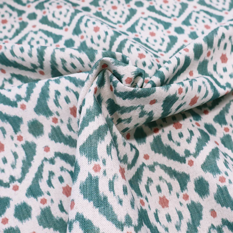 85% Cotton 15% Linen Green and White Geometric Ikat Print Furnishing Fabric