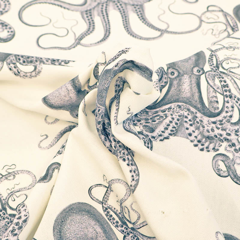 100% Cotton White Panama Fabric with Black Squid or Octopus print
