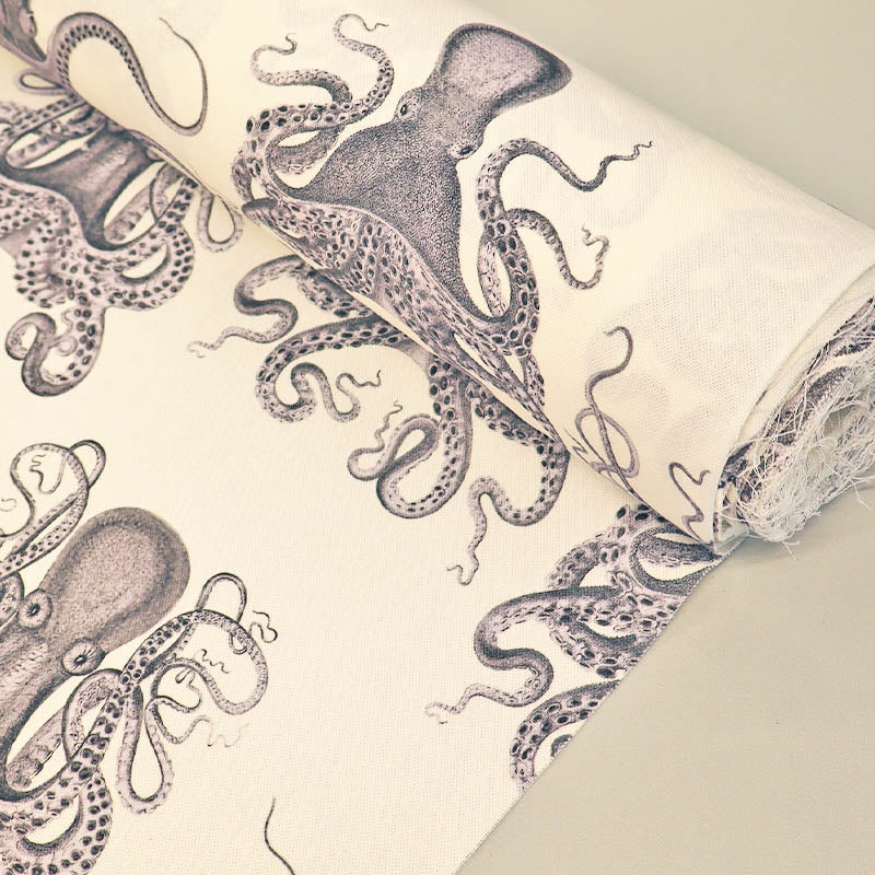 100% Cotton White Panama Fabric with Black Squid or Octopus print