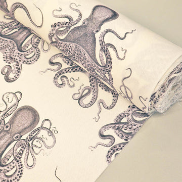 100% Cotton White Panama Fabric with Black Squid or Octopus print