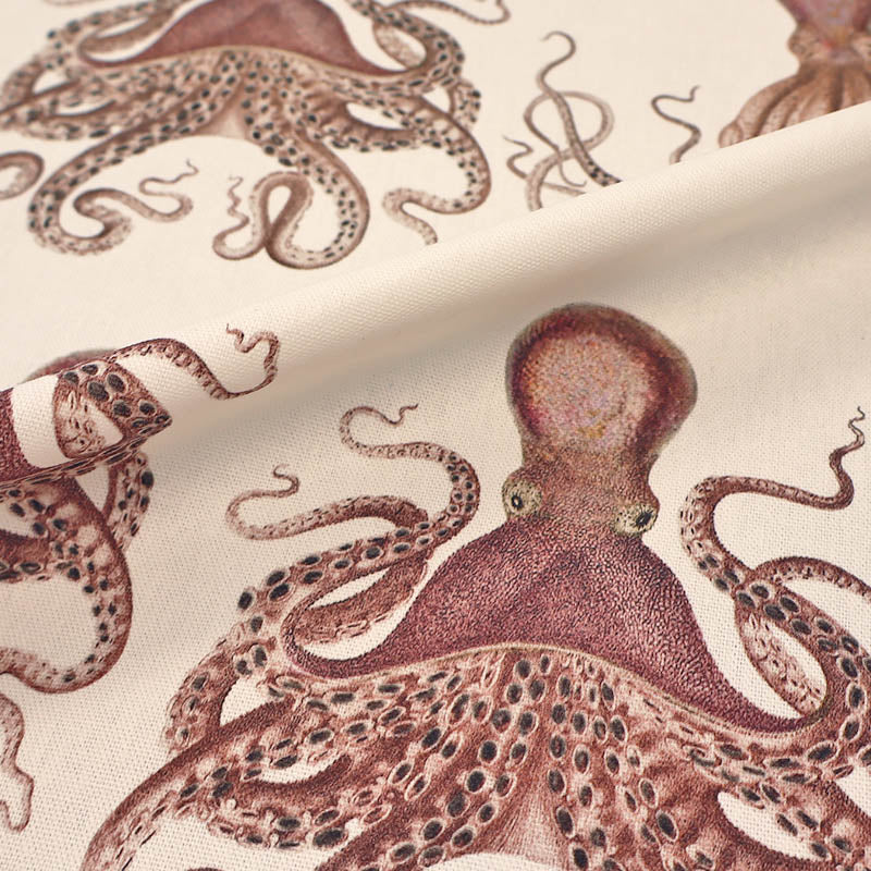 100% Cotton White Panama Furnishing Fabric with detailed illustrations of Octopus in red