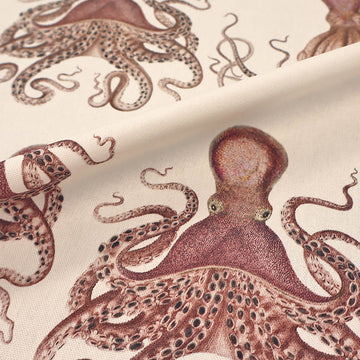 100% Cotton White Panama Furnishing Fabric with detailed illustrations of Octopus in red