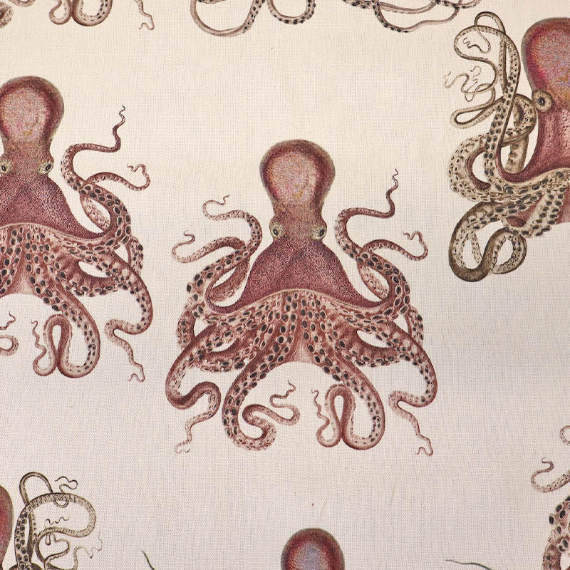 100% Cotton White Panama Furnishing Fabric with detailed illustrations of Octopus in red