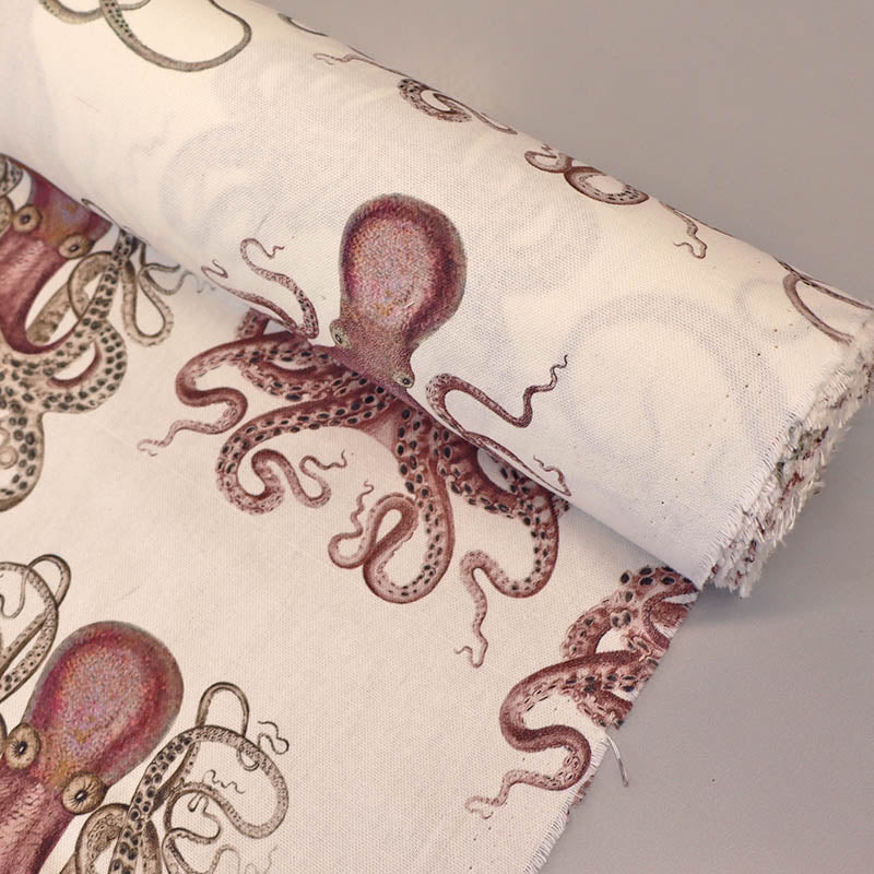 100% Cotton White Panama Furnishing Fabric with detailed illustrations of Octopus in red