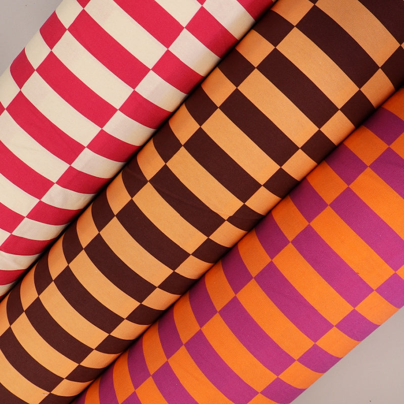 100% Cotton Canvas Fabrics in Orange and Pink , peach and brown and raspberry pink and white Geometric chequered design