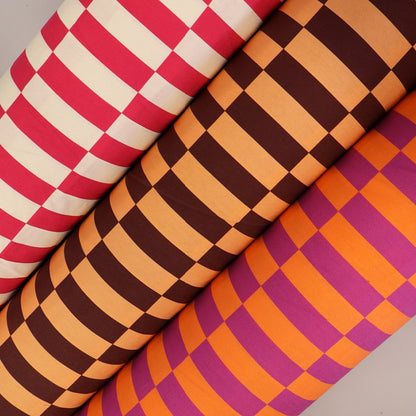 100% Cotton Canvas Fabrics in Orange and Pink , peach and brown and raspberry pink and white Geometric chequered design