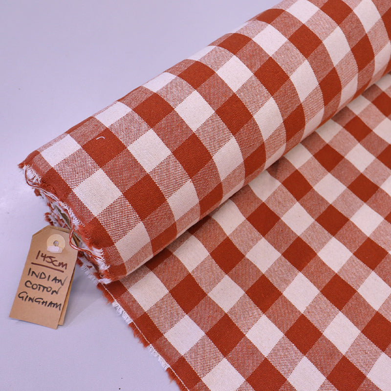 100% Indian Cotton Terracotta Gingham Furnishing Fabric
