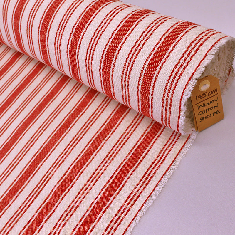 100% Cotton Indian Cotton Fabric - Multiple Red and White Stripes