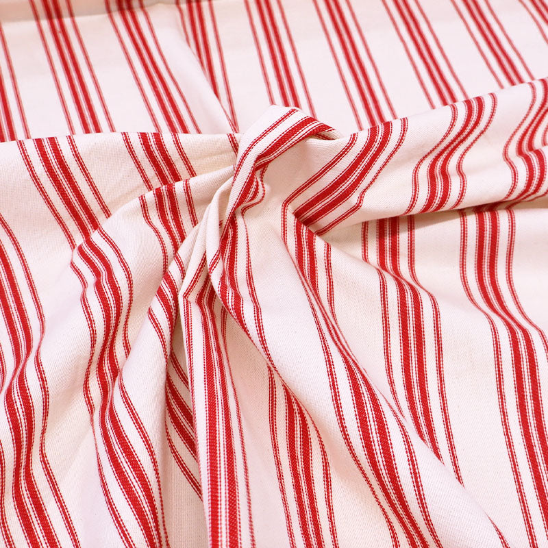 100% Cotton Ticking Fabric - Red Stripe on White background