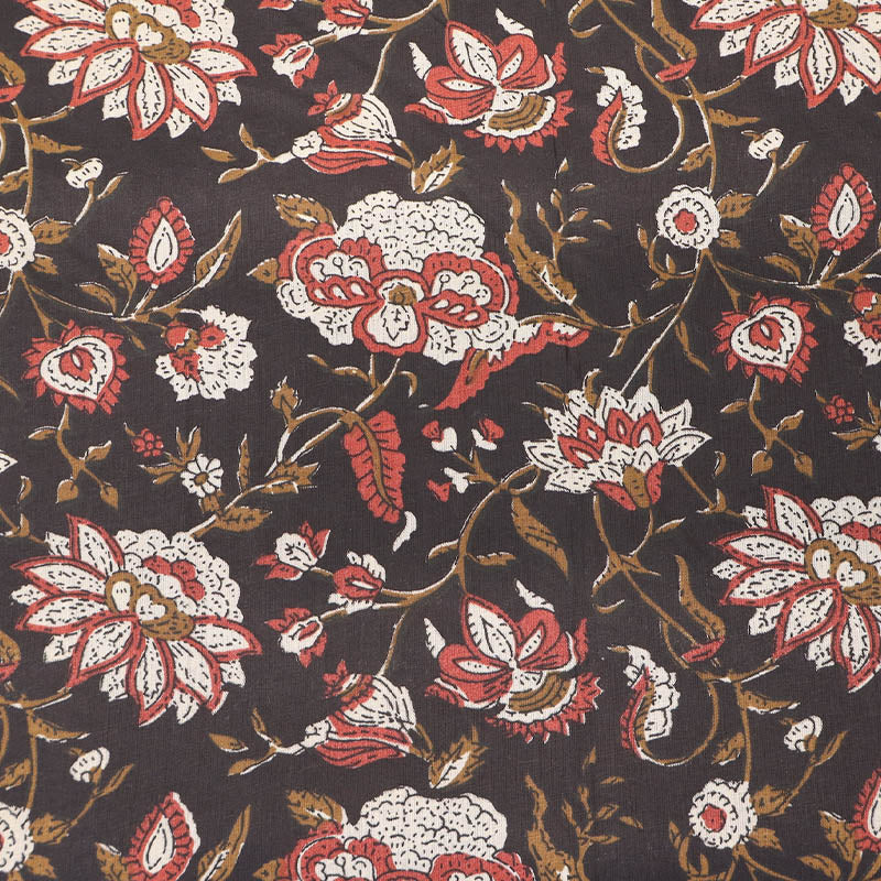 Indian Printed Cotton - Floral - Black, Brown and Red